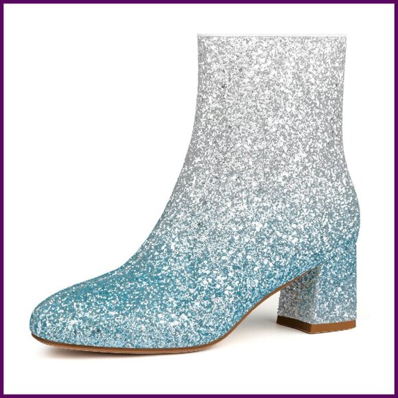 Rhinestone Sparkly Ankle Boots Pointed Toe Chunky Heel Side Zipper